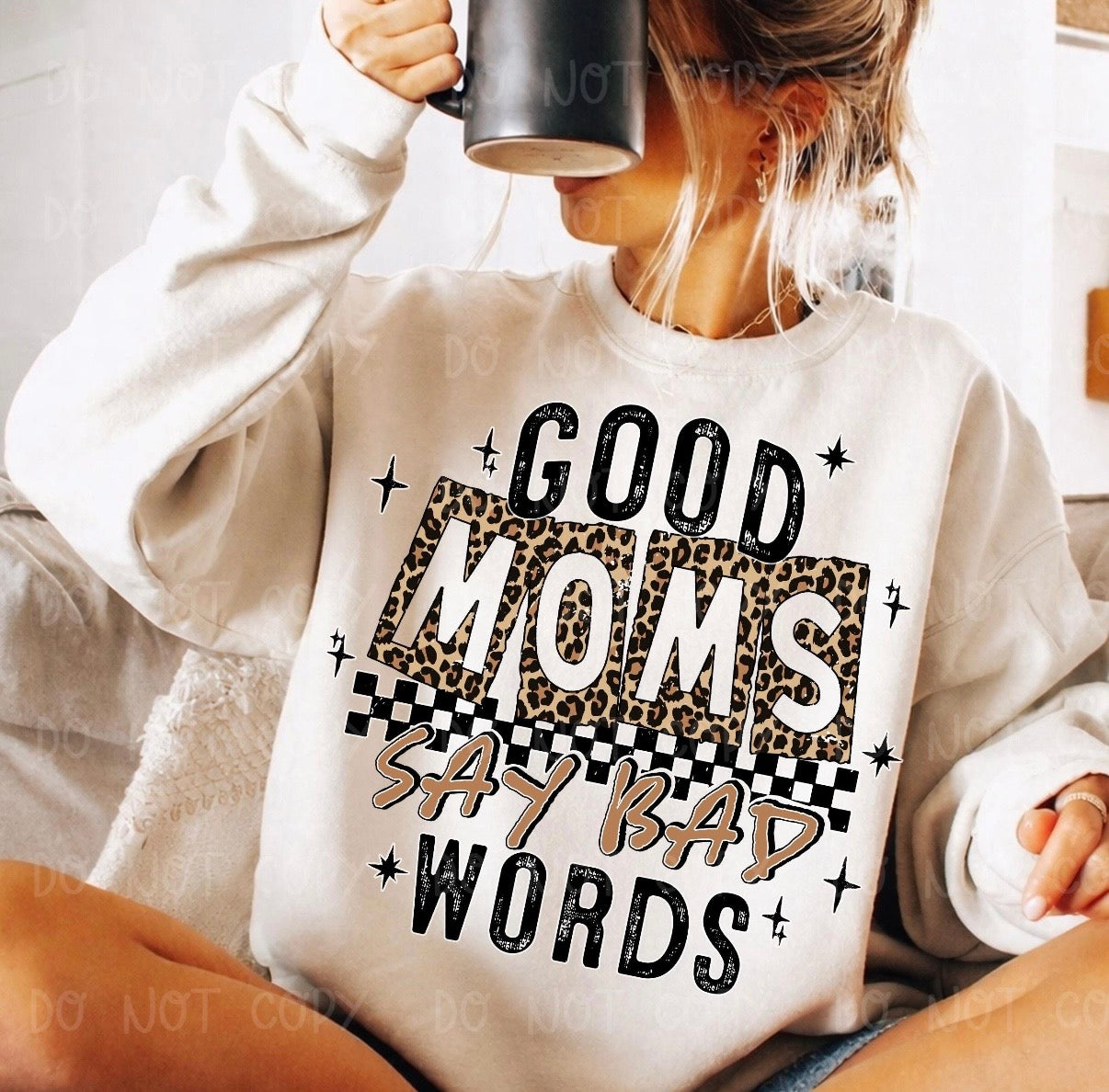 Good Moms Say Bad Words Graphic Tee | Funny Leopard Checkered Mom Shirt | Trendy Mama Tee