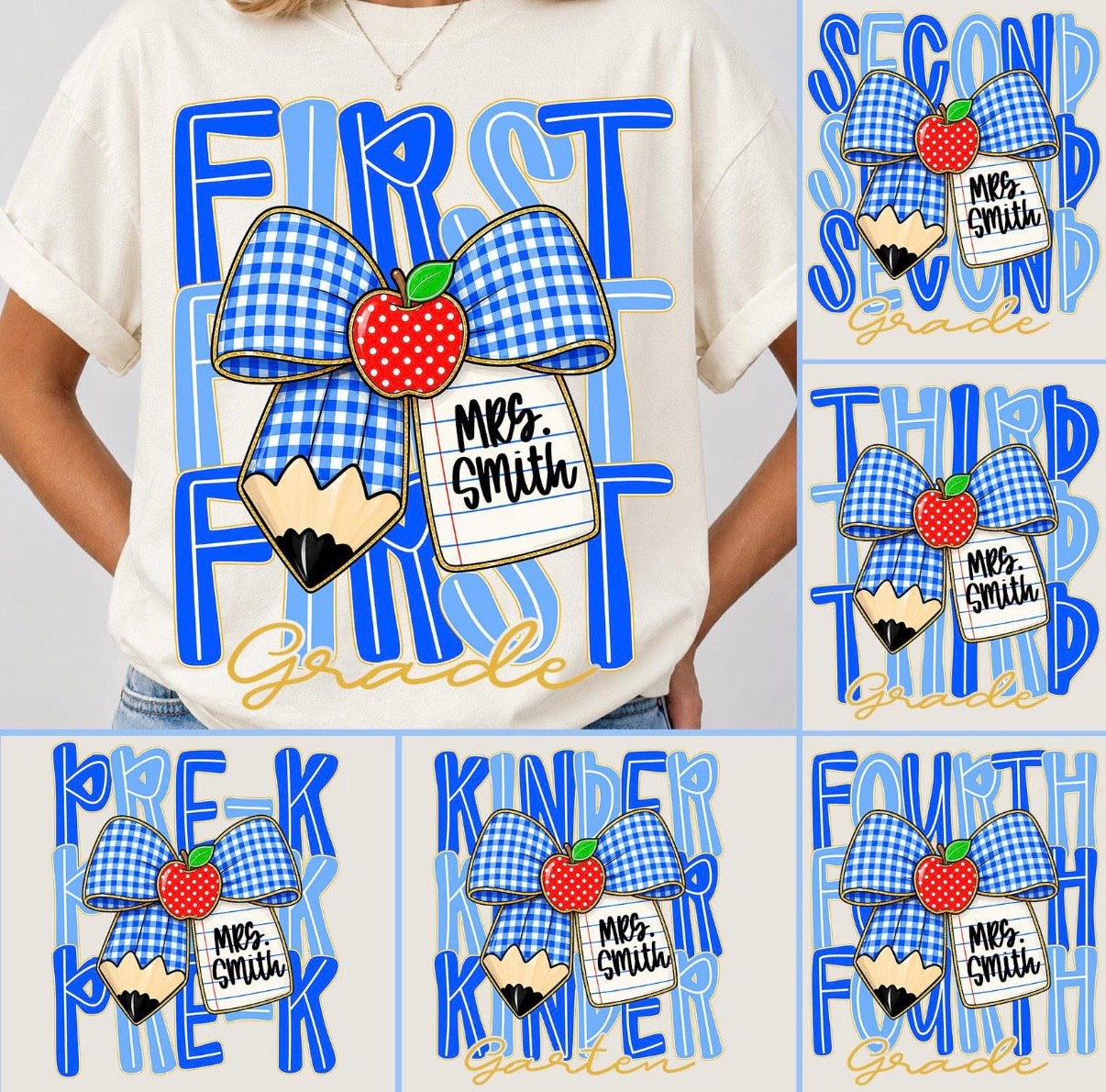 Personalized Grade Level Teacher Tee | Custom Teacher Name Shirt | Blue Gingham Pencil Bow Tee | Back to School Teacher Gift