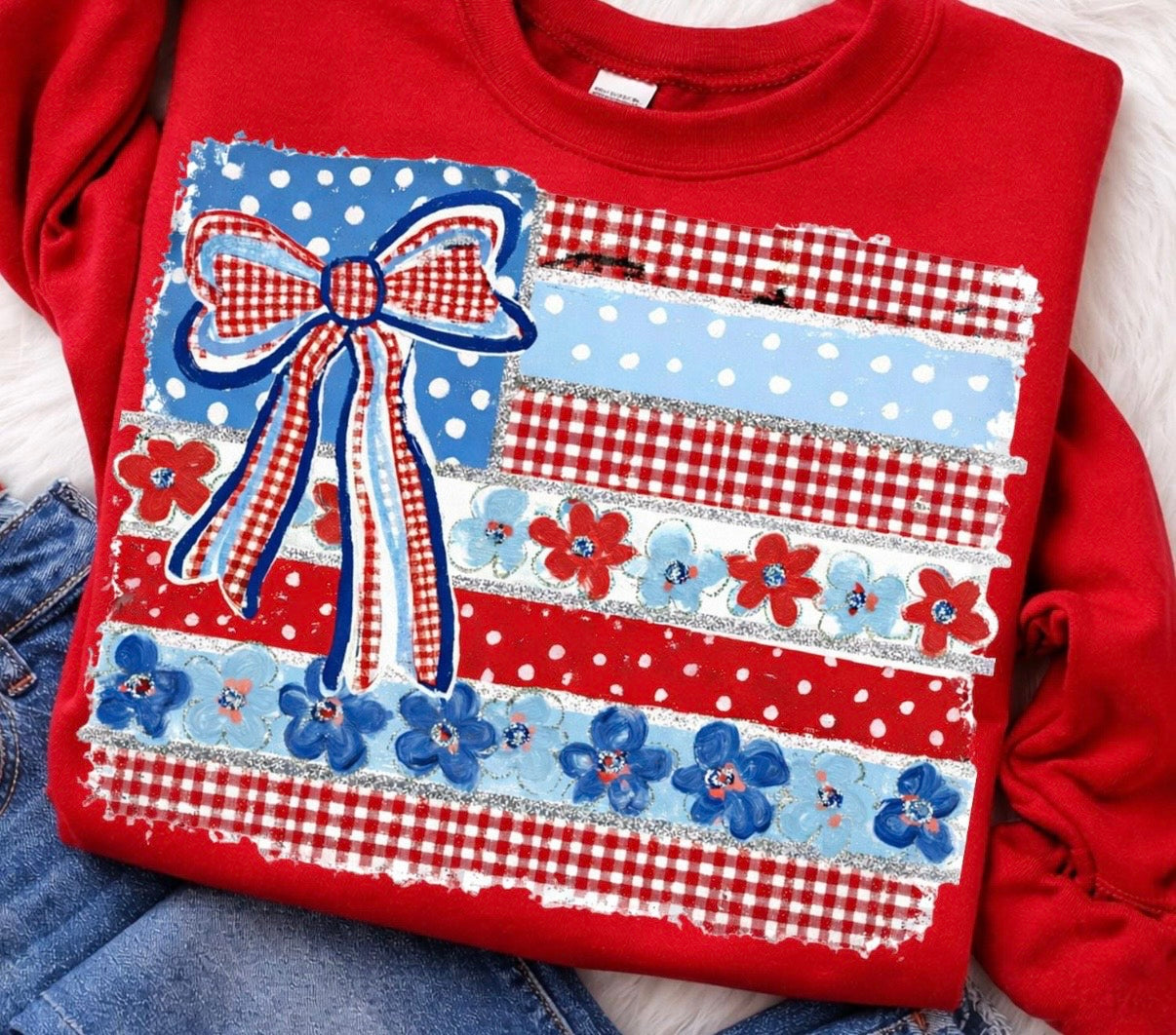 Patriotic Coquette American Flag Tee | Red White & Blue Bow Shirt | Vintage USA Graphic Tee