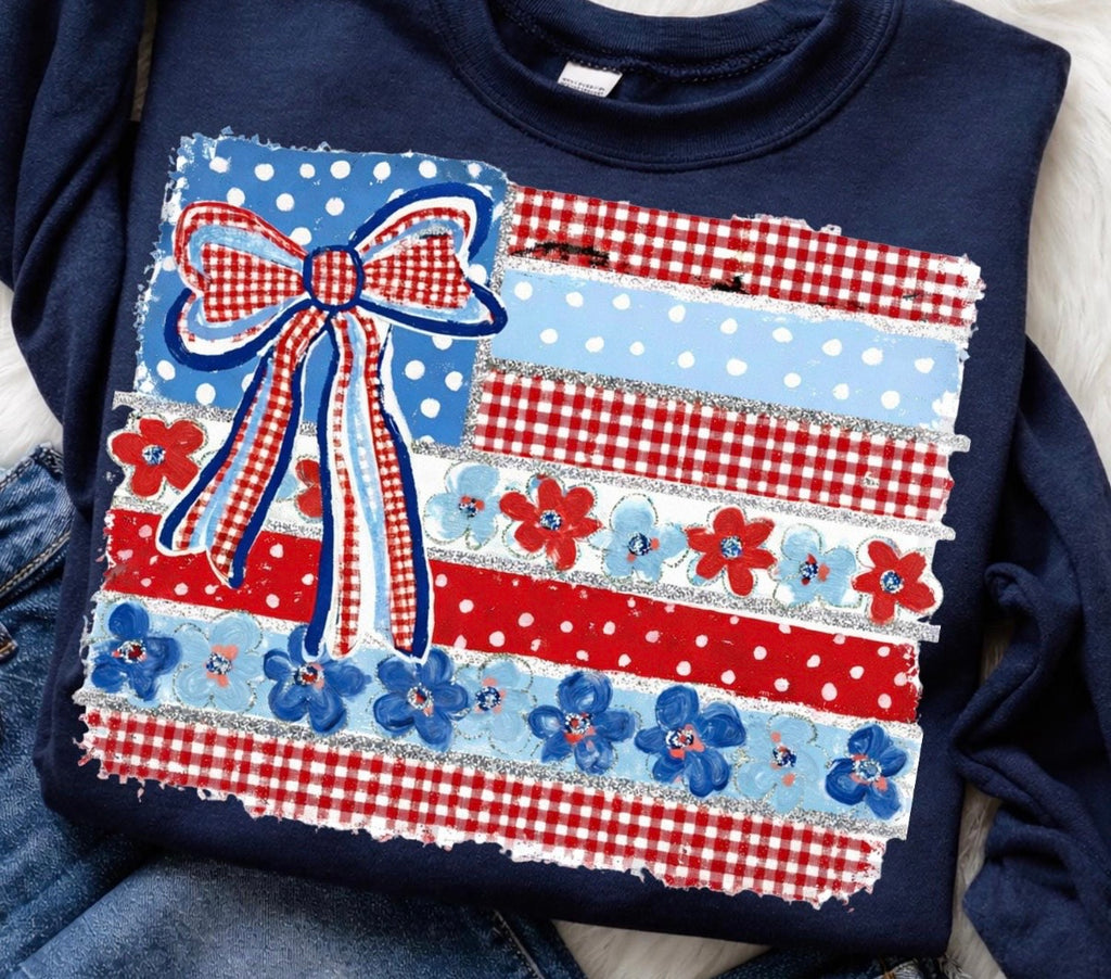 Patriotic Coquette American Flag Tee | Red White & Blue Bow Shirt | Vintage USA Graphic Tee