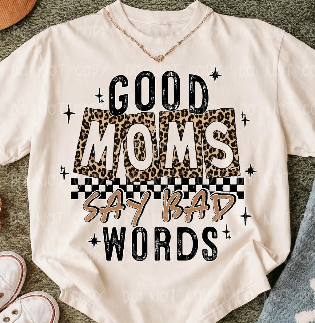 Good Moms Say Bad Words Graphic Tee | Funny Leopard Checkered Mom Shirt | Trendy Mama Tee