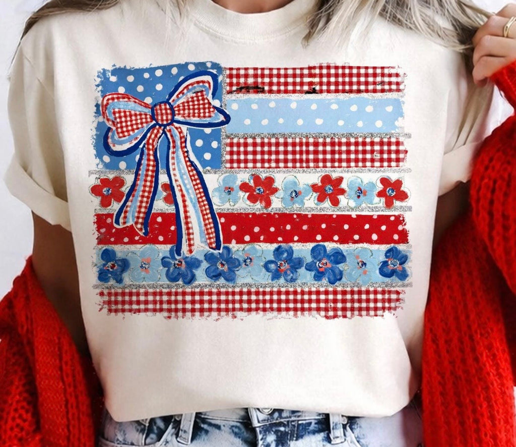 Patriotic Coquette American Flag Tee | Red White & Blue Bow Shirt | Vintage USA Graphic Tee