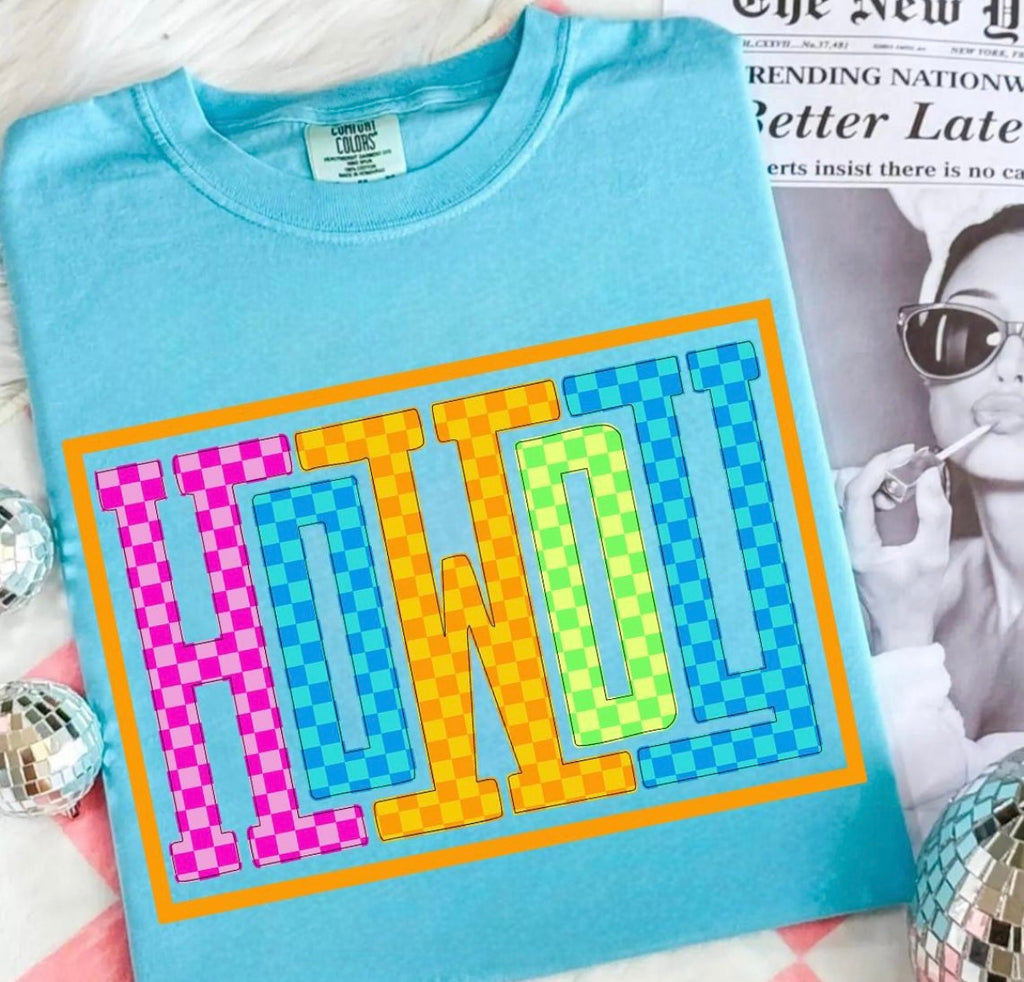 Howdy Checkered Retro Western Graphic Tee | Bright Neon Cowgirl Shirt | Comfort Colors Country Style Tee