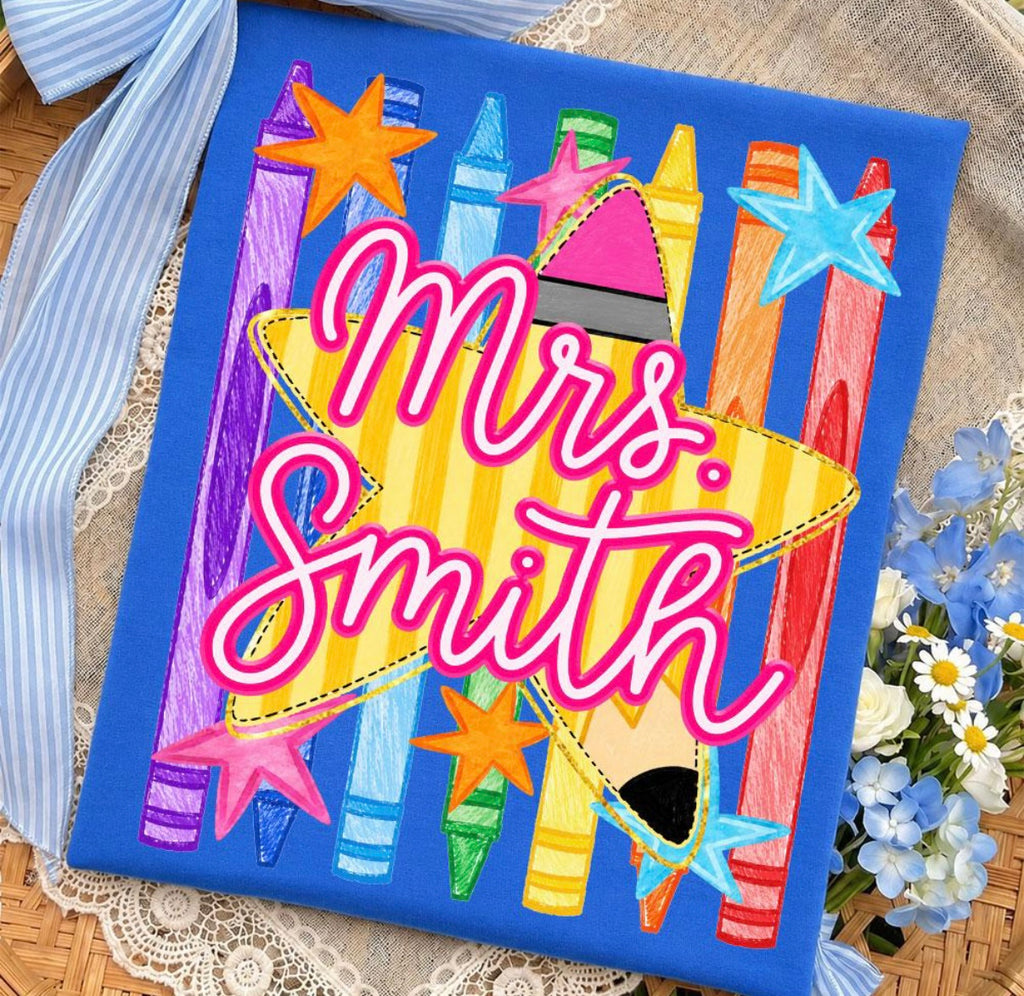 Personalized Crayon Teacher Tee | Custom Teacher Name Shirt | Colorful Classroom Graphic Tee | Back to School Teacher Gift