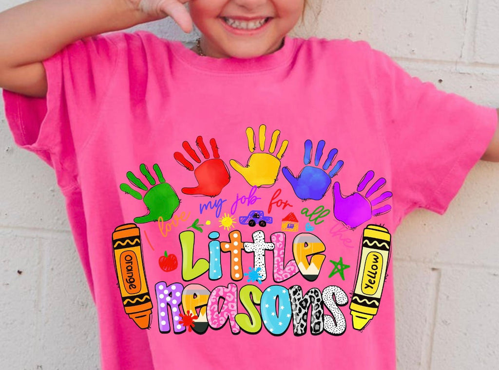 Love My Job for All the Little Reasons Teacher Tee | Colorful Crayon & Handprint Back to School Shirt