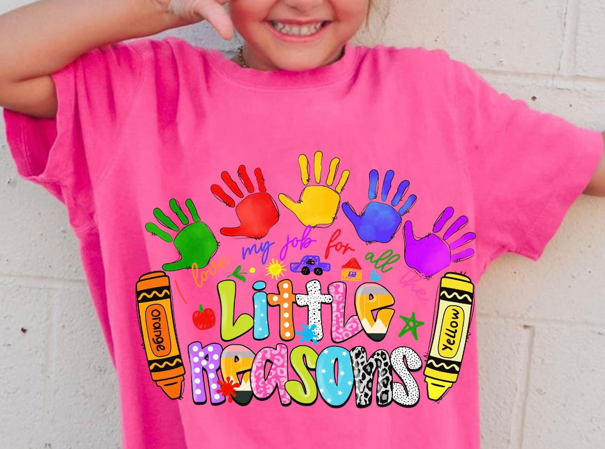 Love My Job for All the Little Reasons Teacher Tee | Colorful Crayon & Handprint Back to School Shirt