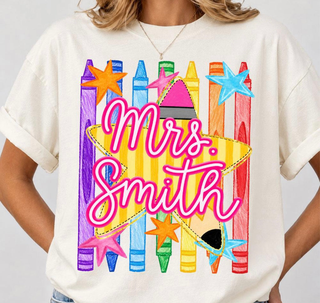 Personalized Crayon Teacher Tee | Custom Teacher Name Shirt | Colorful Classroom Graphic Tee | Back to School Teacher Gift