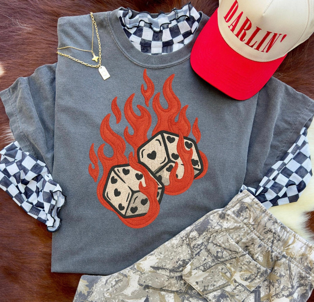 Hot Luck Flaming Dice Graphic Tee | Retro Rockabilly Shirt | Edgy Vintage Casino Inspired Tee