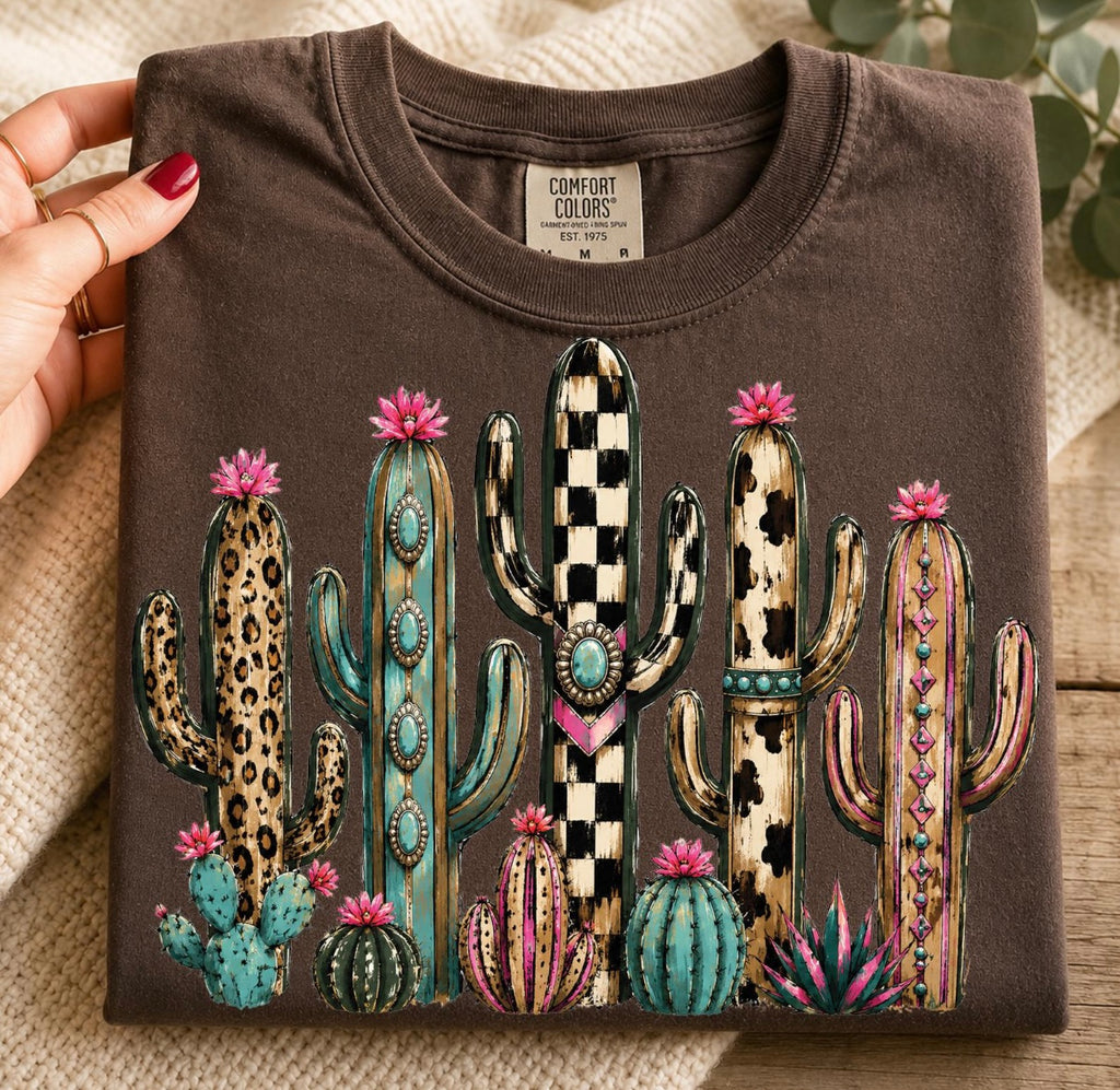 Western Desert Cactus Graphic Tee | Turquoise, Leopard & Checkered Boho Cowgirl Shirt | Comfort Colors Tee