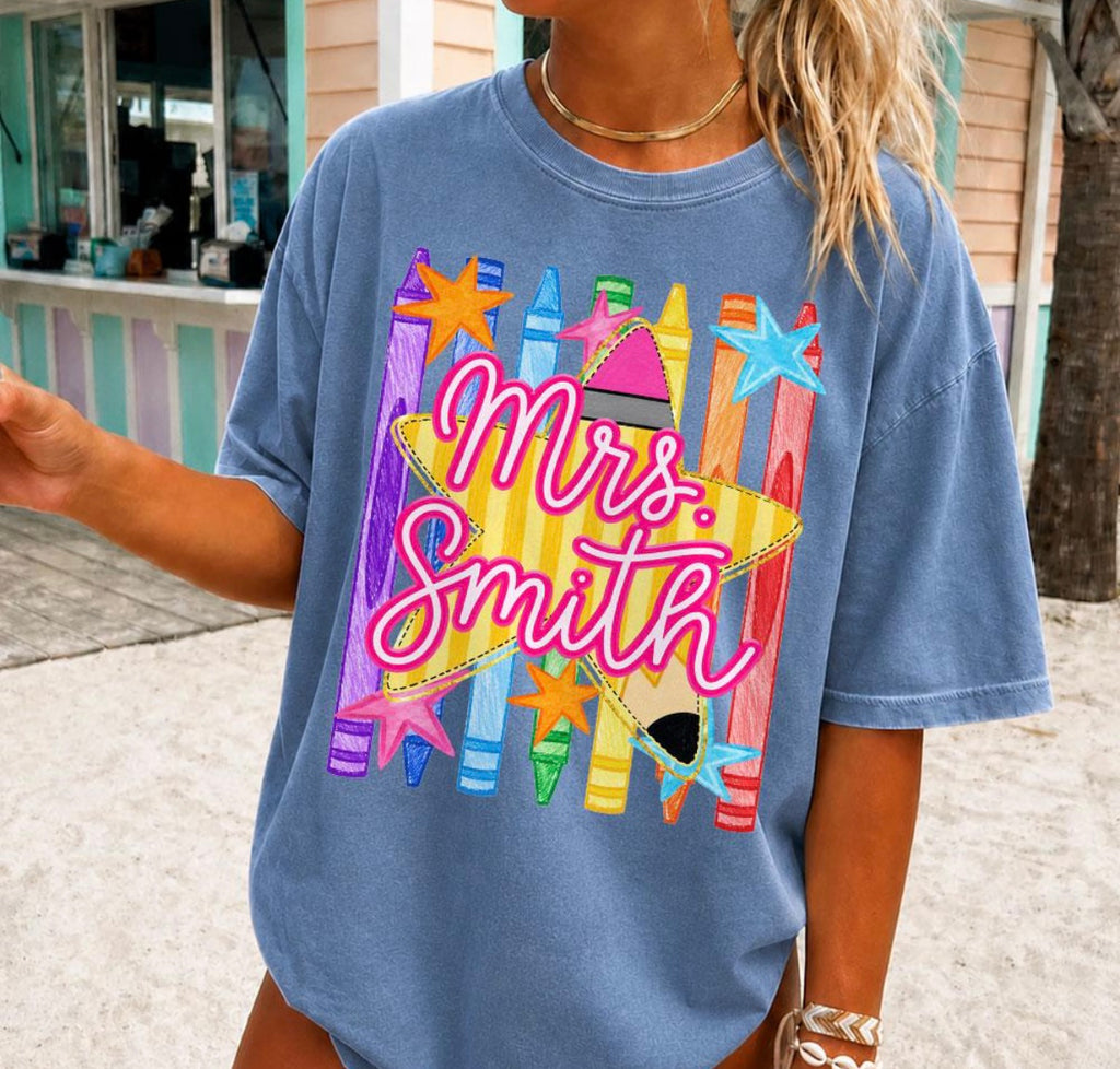 Personalized Crayon Teacher Tee | Custom Teacher Name Shirt | Colorful Classroom Graphic Tee | Back to School Teacher Gift