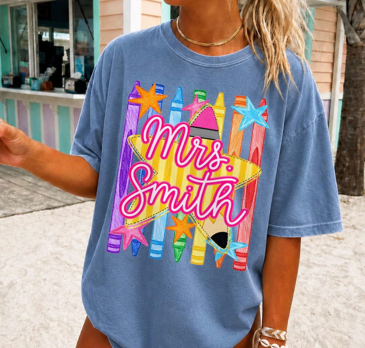 Personalized Crayon Teacher Tee | Custom Teacher Name Shirt | Colorful Classroom Graphic Tee | Back to School Teacher Gift