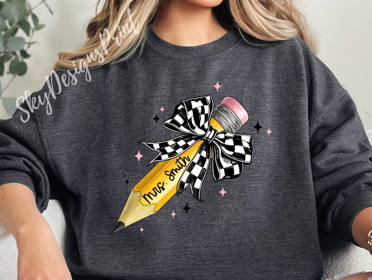Personalized Pencil Bow Teacher Tee | Custom Teacher Name Shirt | Checkered Bow School Tee | Back to School Teacher Gift