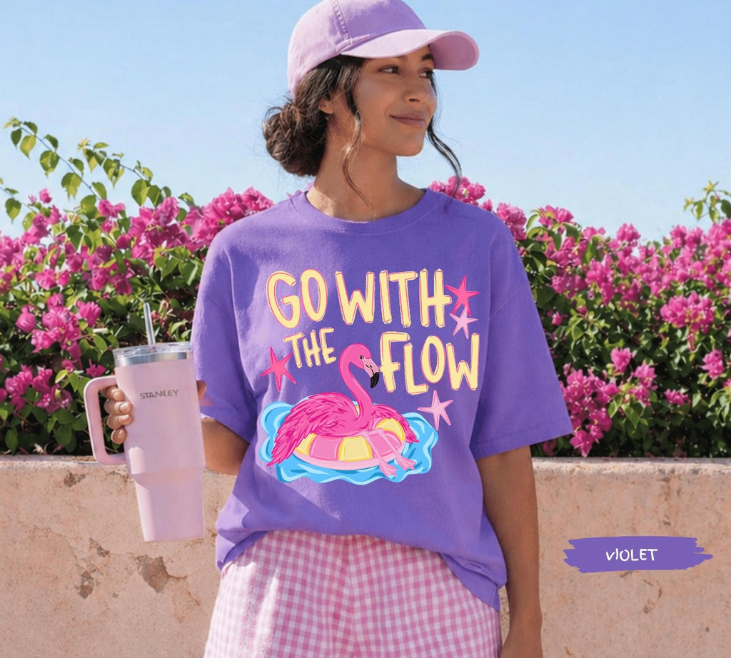 Go With the Flow Flamingo Graphic Tee | Fun Summer Comfort Colors Shirt | Beach, Pool & Vacation Vibes
