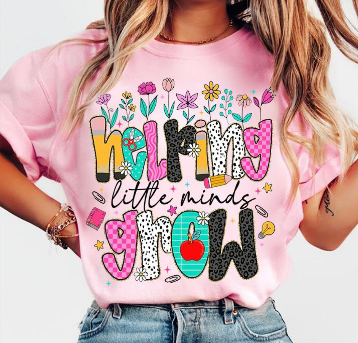 Helping Little Minds Grow Teacher Tee | Cute Floral Teacher Shirt | Back to School Teacher Gift | Elementary & Preschool Educator Tee