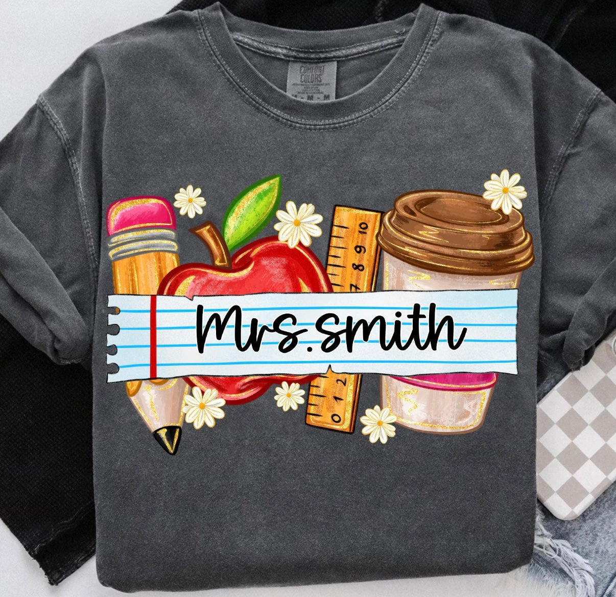Personalized Teacher Name Graphic Tee | Custom Teacher Shirt | Back to School Teacher Gift | Apple & Coffee Comfort Colors Tee