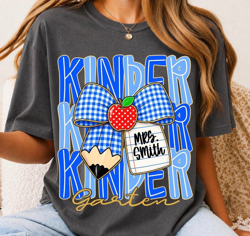 Personalized Grade Level Teacher Tee | Custom Teacher Name Shirt | Blue Gingham Pencil Bow Tee | Back to School Teacher Gift