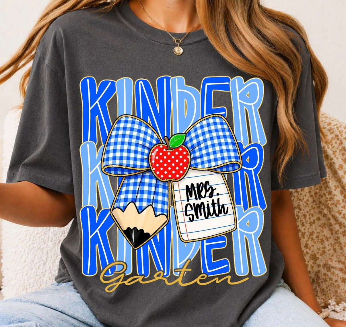 Personalized Grade Level Teacher Tee | Custom Teacher Name Shirt | Blue Gingham Pencil Bow Tee | Back to School Teacher Gift