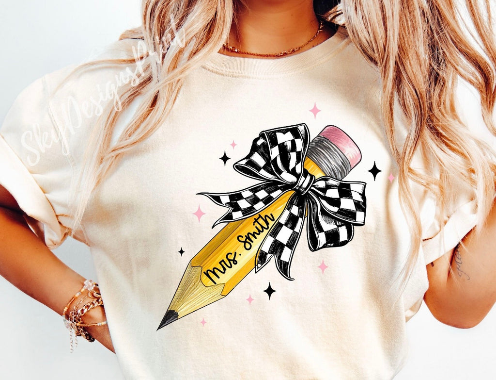 Personalized Pencil Bow Teacher Tee | Custom Teacher Name Shirt | Checkered Bow School Tee | Back to School Teacher Gift