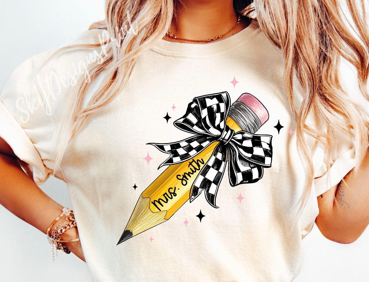 Personalized Pencil Bow Teacher Tee | Custom Teacher Name Shirt | Checkered Bow School Tee | Back to School Teacher Gift