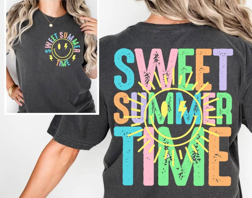Sweet Summer Time Graphic Tee | Bright Retro Summer Shirt | Colorful Smiley Face Tee | Vacation & Beach Vibes