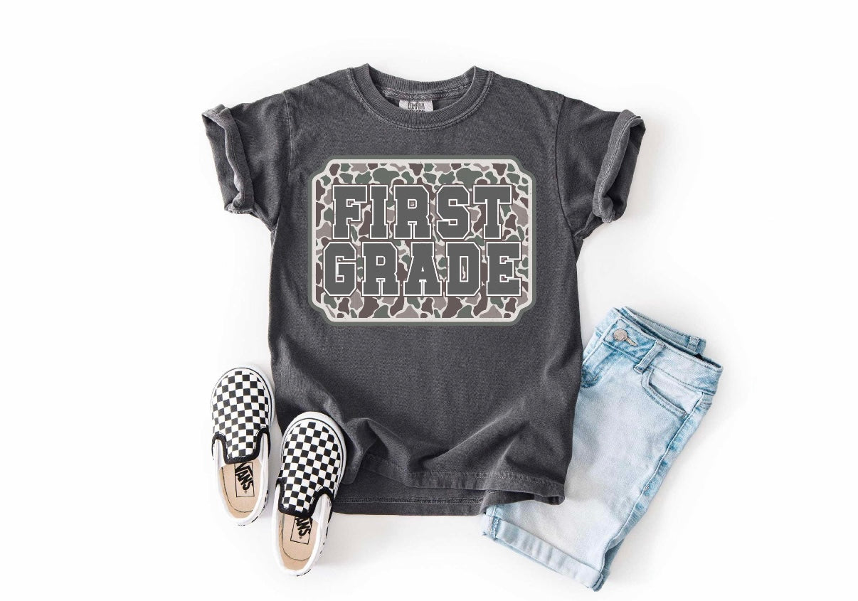Gray Camo Grade Level Teacher Tee | Pre-K, Kindergarten, 1st–5th Grade Teacher Shirt