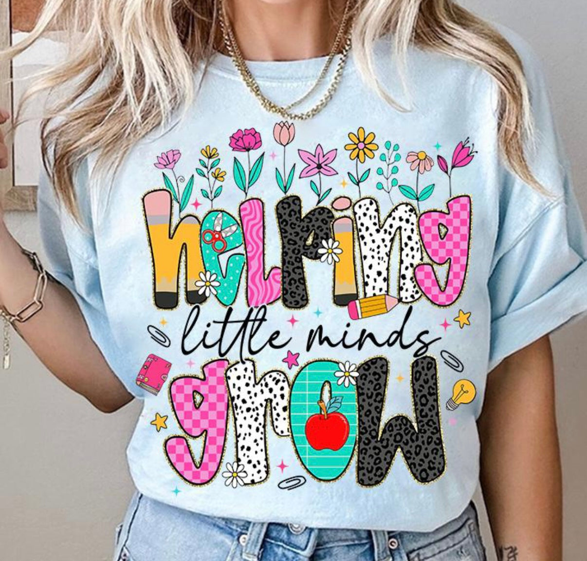 Helping Little Minds Grow Teacher Tee | Cute Floral Teacher Shirt | Back to School Teacher Gift | Elementary & Preschool Educator Tee