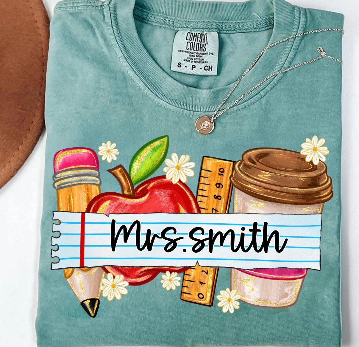 Personalized Teacher Name Graphic Tee | Custom Teacher Shirt | Back to School Teacher Gift | Apple & Coffee Comfort Colors Tee