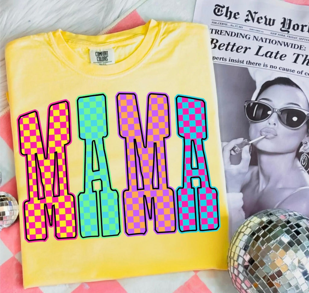 Retro Checkerboard Mama Tee | Colorful Neon Mama Shirt | Trendy Motherhood Graphic Tee | Comfort Colors Shirt