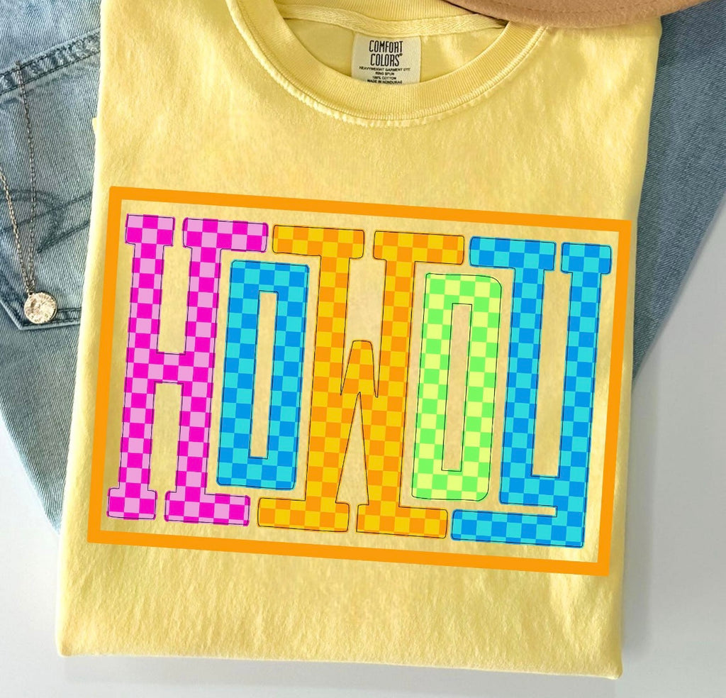 Howdy Checkered Retro Western Graphic Tee | Bright Neon Cowgirl Shirt | Comfort Colors Country Style Tee
