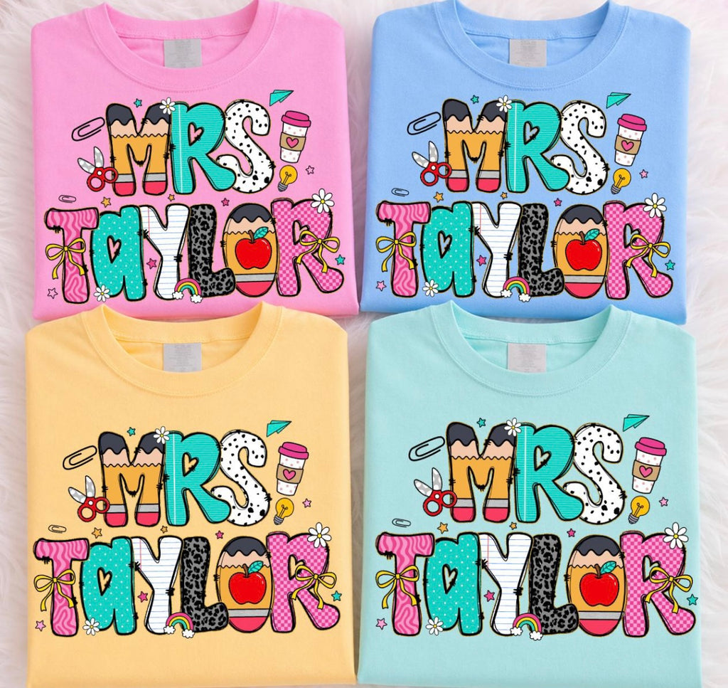 Custom Teacher Name Tee | Personalized Preppy Teacher Shirt | Back to School Graphic Tee | Cute Pencil Teacher Gift