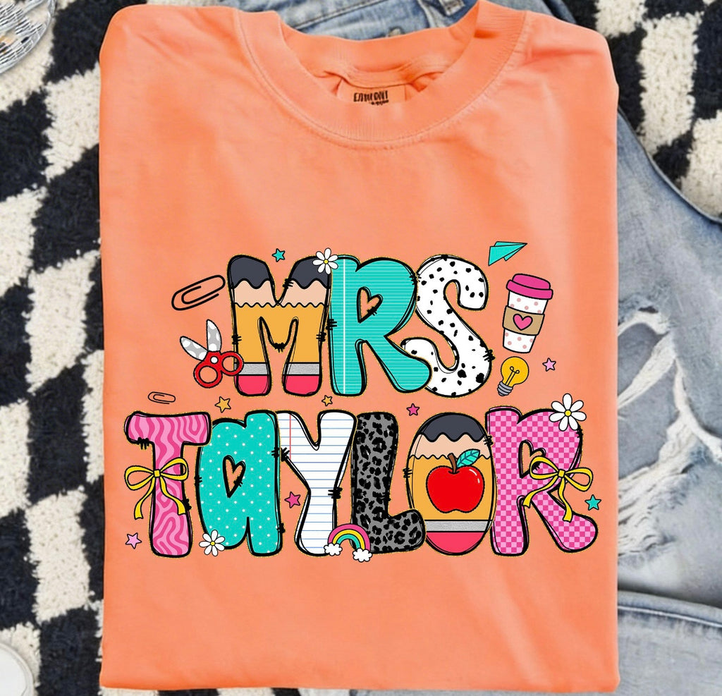 Custom Teacher Name Tee | Personalized Preppy Teacher Shirt | Back to School Graphic Tee | Cute Pencil Teacher Gift