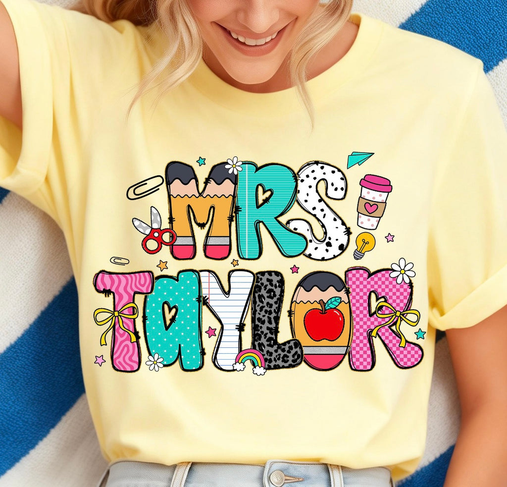 Custom Teacher Name Tee | Personalized Preppy Teacher Shirt | Back to School Graphic Tee | Cute Pencil Teacher Gift