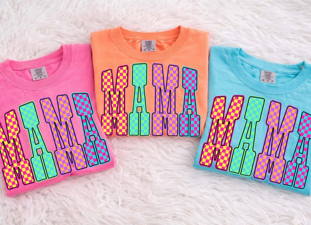 Retro Checkerboard Mama Tee | Colorful Neon Mama Shirt | Trendy Motherhood Graphic Tee | Comfort Colors Shirt