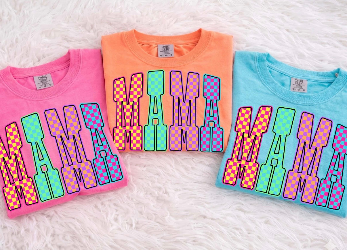 Retro Checkerboard Mama Tee | Colorful Neon Mama Shirt | Trendy Motherhood Graphic Tee | Comfort Colors Shirt