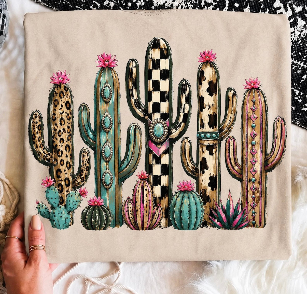Western Desert Cactus Graphic Tee | Turquoise, Leopard & Checkered Boho Cowgirl Shirt | Comfort Colors Tee