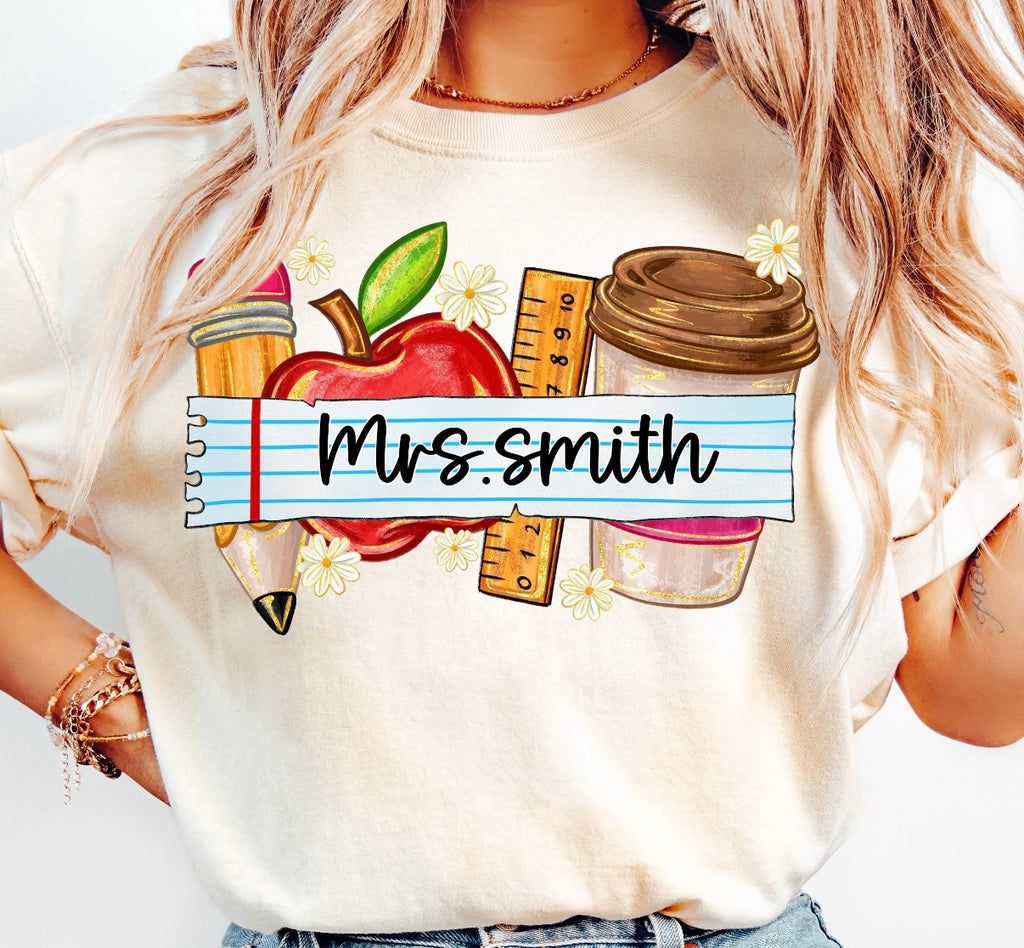 Personalized Teacher Name Graphic Tee | Custom Teacher Shirt | Back to School Teacher Gift | Apple & Coffee Comfort Colors Tee