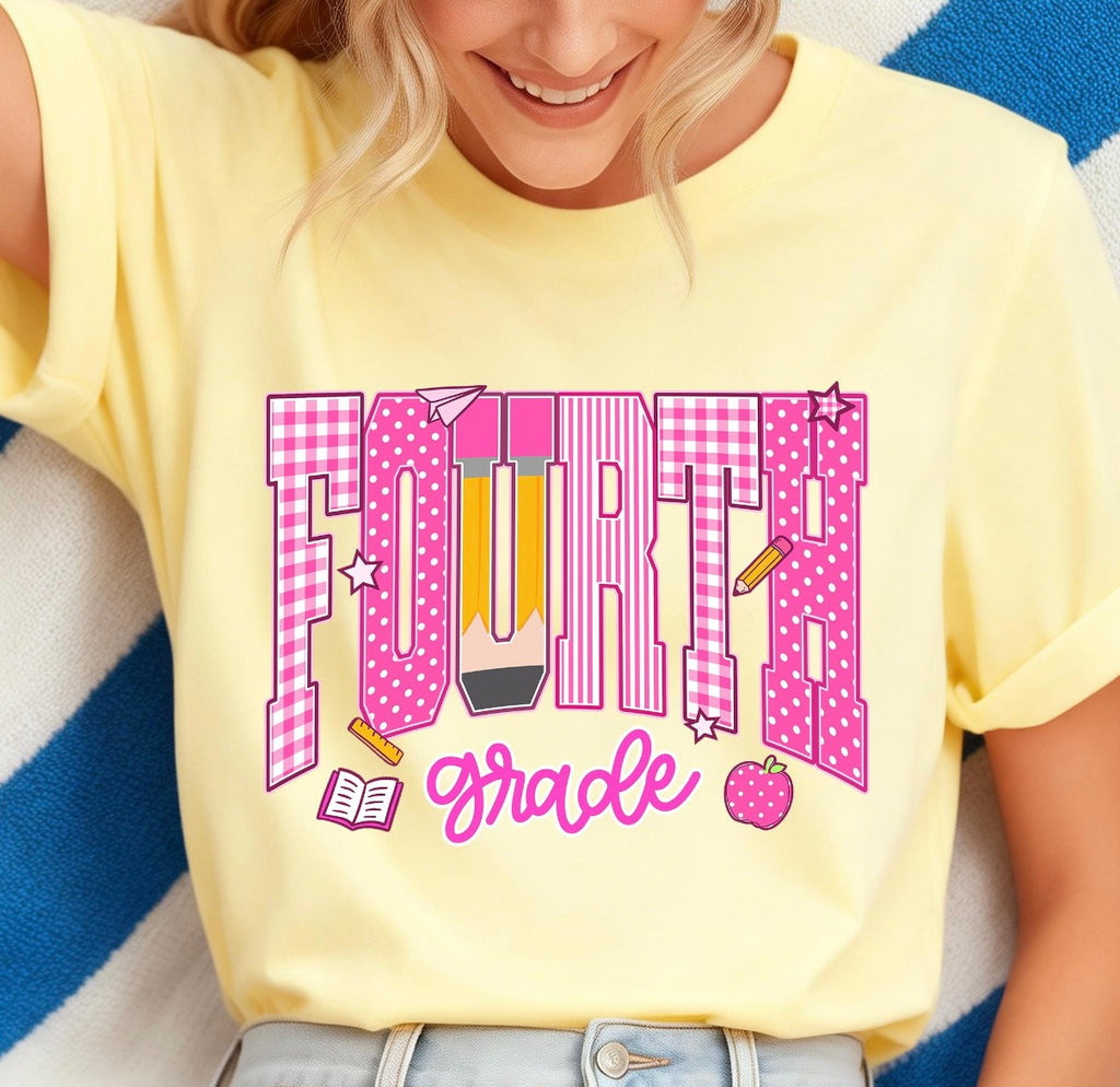 Pink Gingham Grade Level Teacher Tee | Pre-K, Kindergarten, 1st, 2nd, 3rd & 4th Grade Teacher Shirt