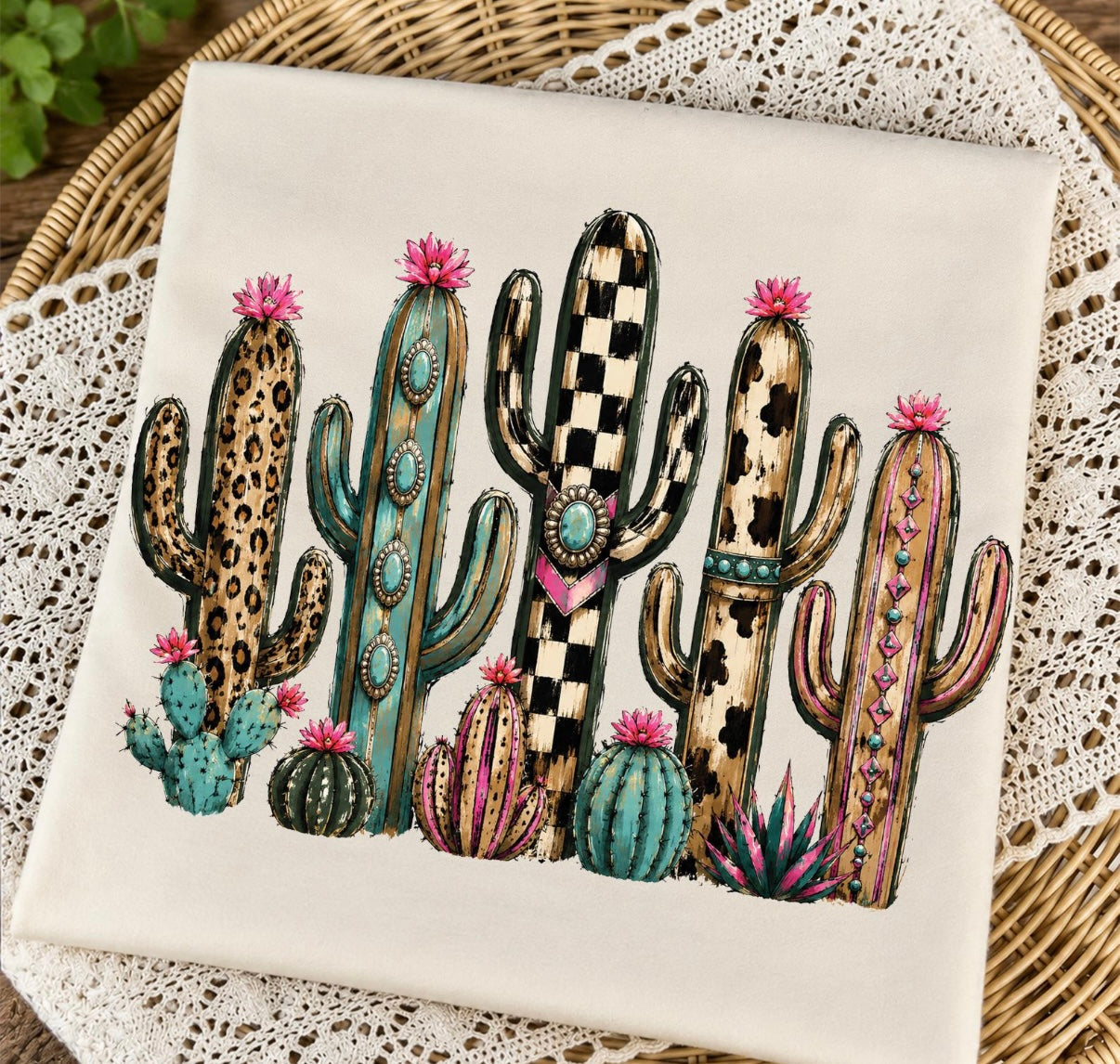 Western Desert Cactus Graphic Tee | Turquoise, Leopard & Checkered Boho Cowgirl Shirt | Comfort Colors Tee
